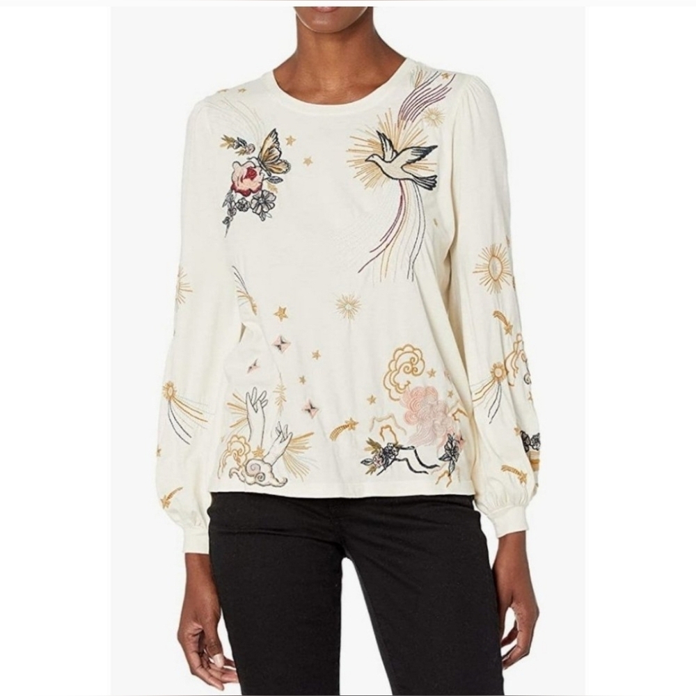 EUC Johnny Was Selah Puff Sleeve Blouse Embroidered Size Medium Brie